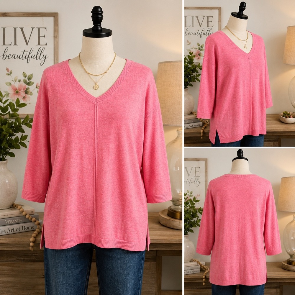Talbots Petite Pink V-Neck Cotton Sweater 3/4 Sleeve XL P Heathered Knit KH5348